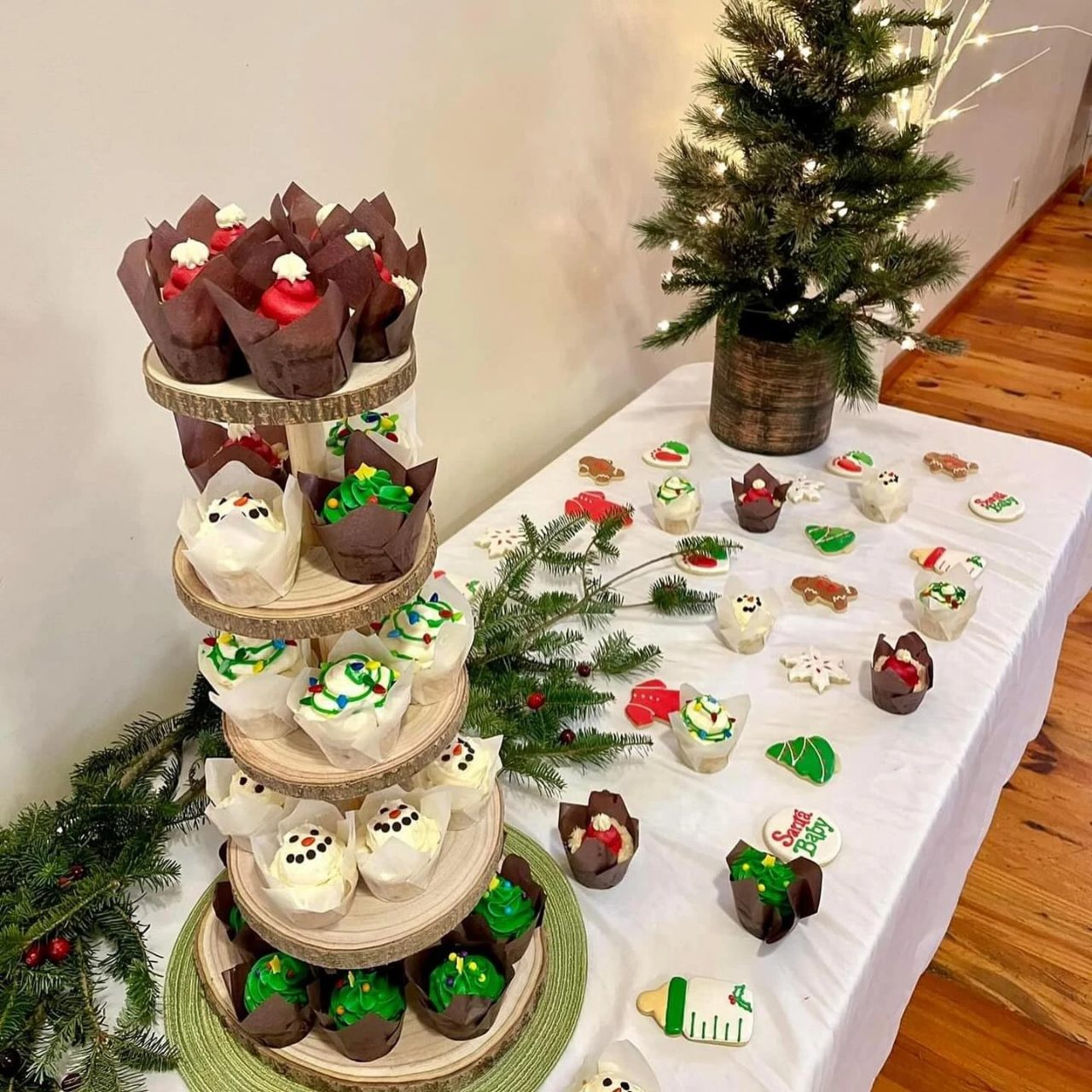 Festive Tiered Dessert Stands santa baby shower ideas