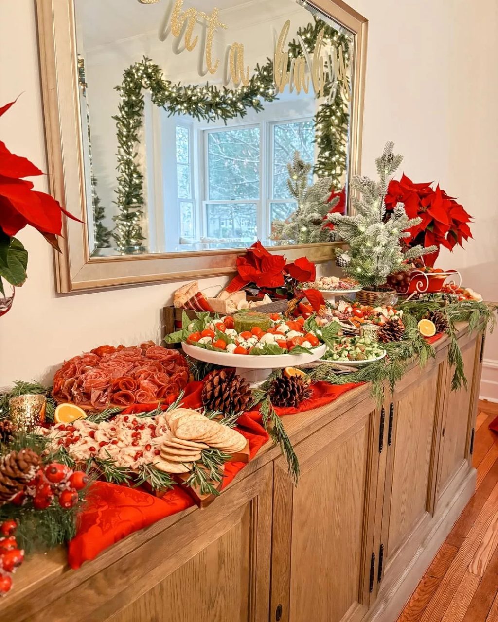 Festive Buffet Table Styling santa baby shower ideas