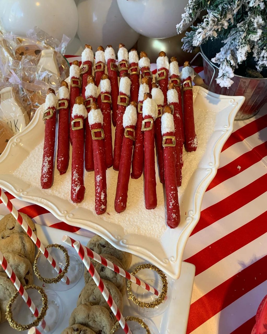 Santa Suit Dipped Pretzels santa baby shower ideas
