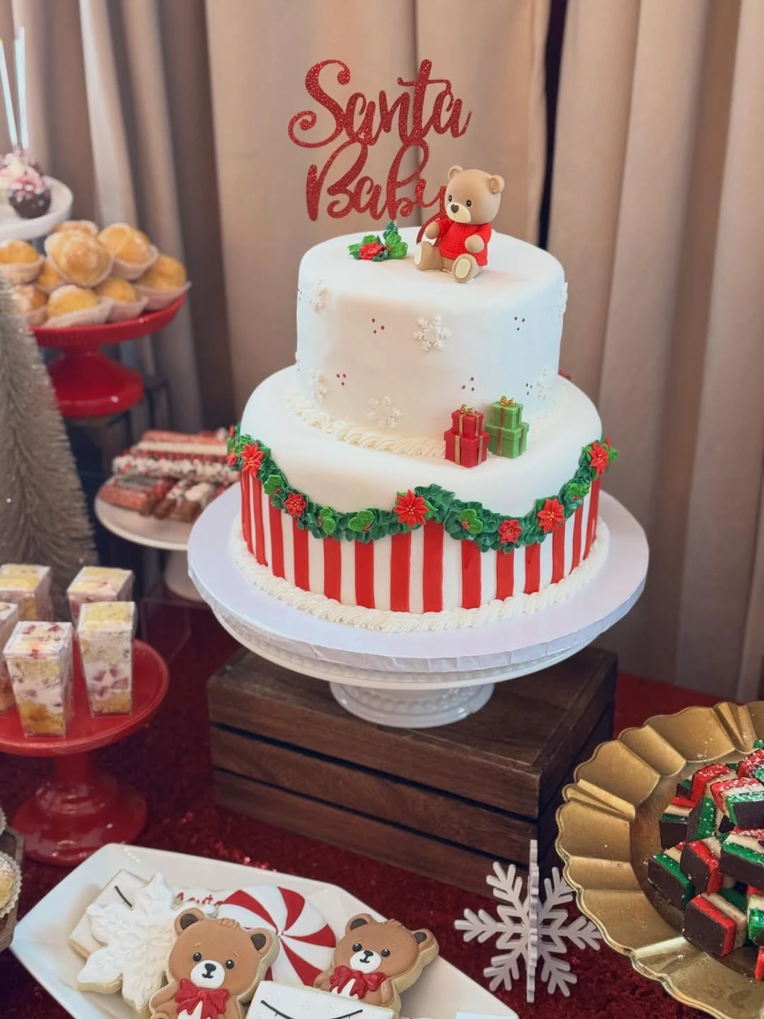 Tiered Confections with Nursery Accents santa baby shower ideas