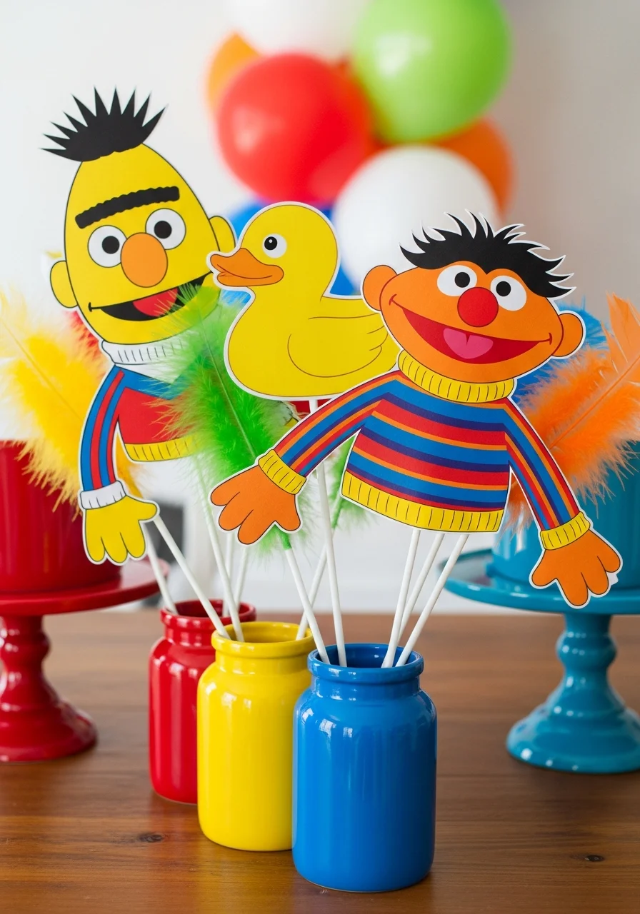 Handheld photo props of Bert and Ernie character features in a yellow jar.