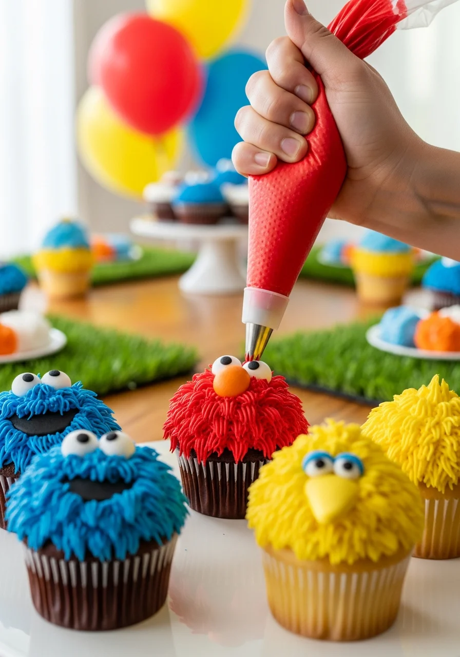 A of piping red frosting fur onto a cupcake using a grass tip.