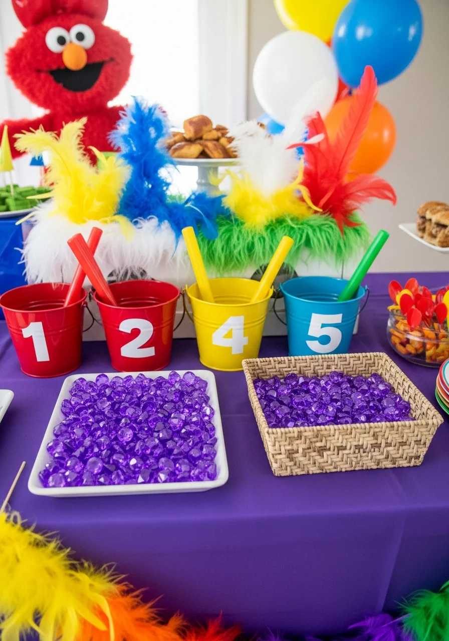 A number sorting game with purple buckets and purple gems.