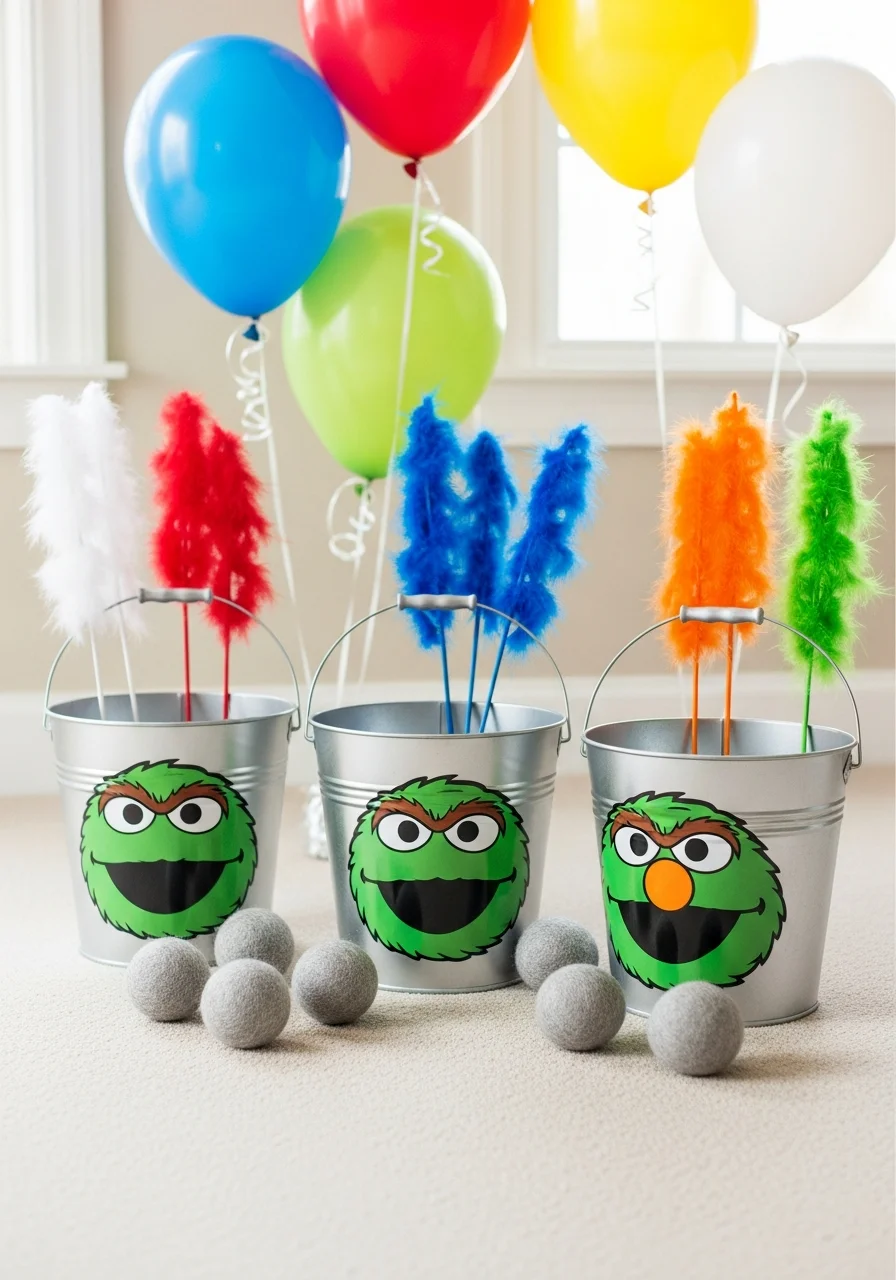 Silver buckets styled as trash cans for a beanbag toss game.