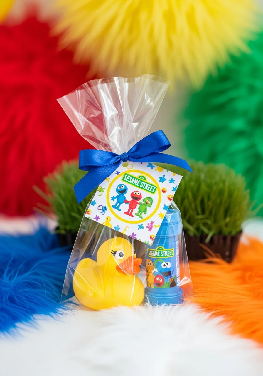 A rubber duckie bath favor set in a clear bag with a blue ribbon.