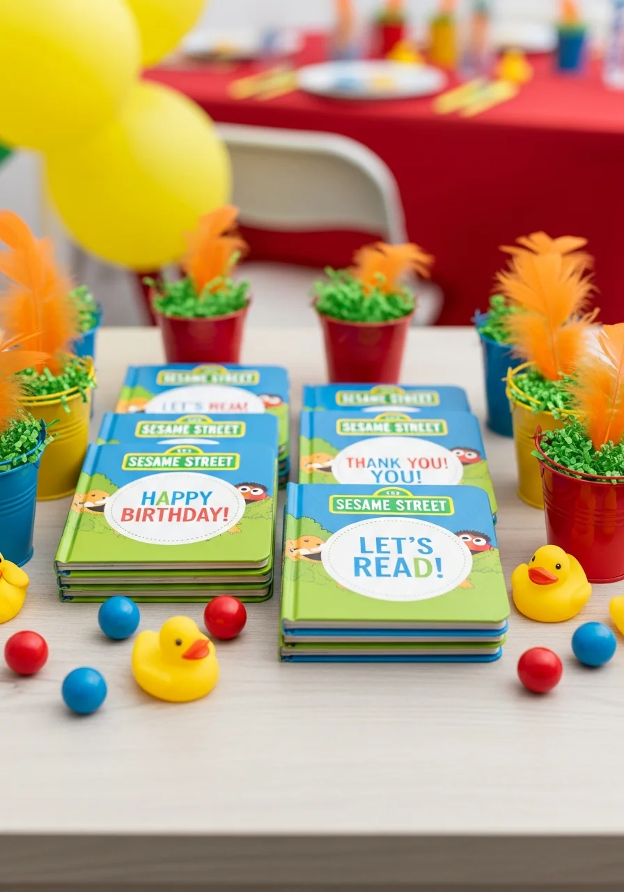 A stack of board books with personalized stickers for party favors.