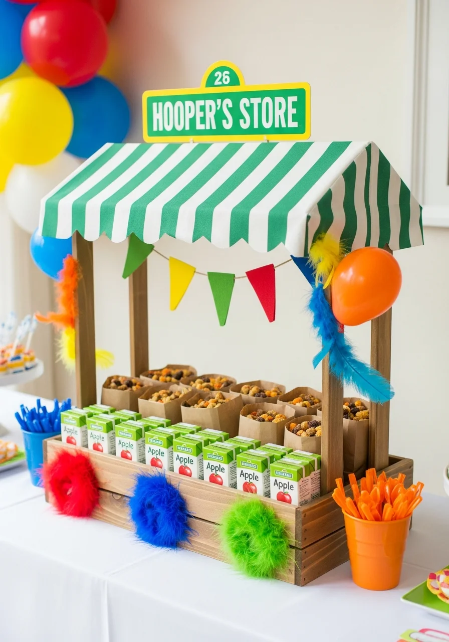 A tabletop snack stand styled like Hooper's Store with a green striped awning.