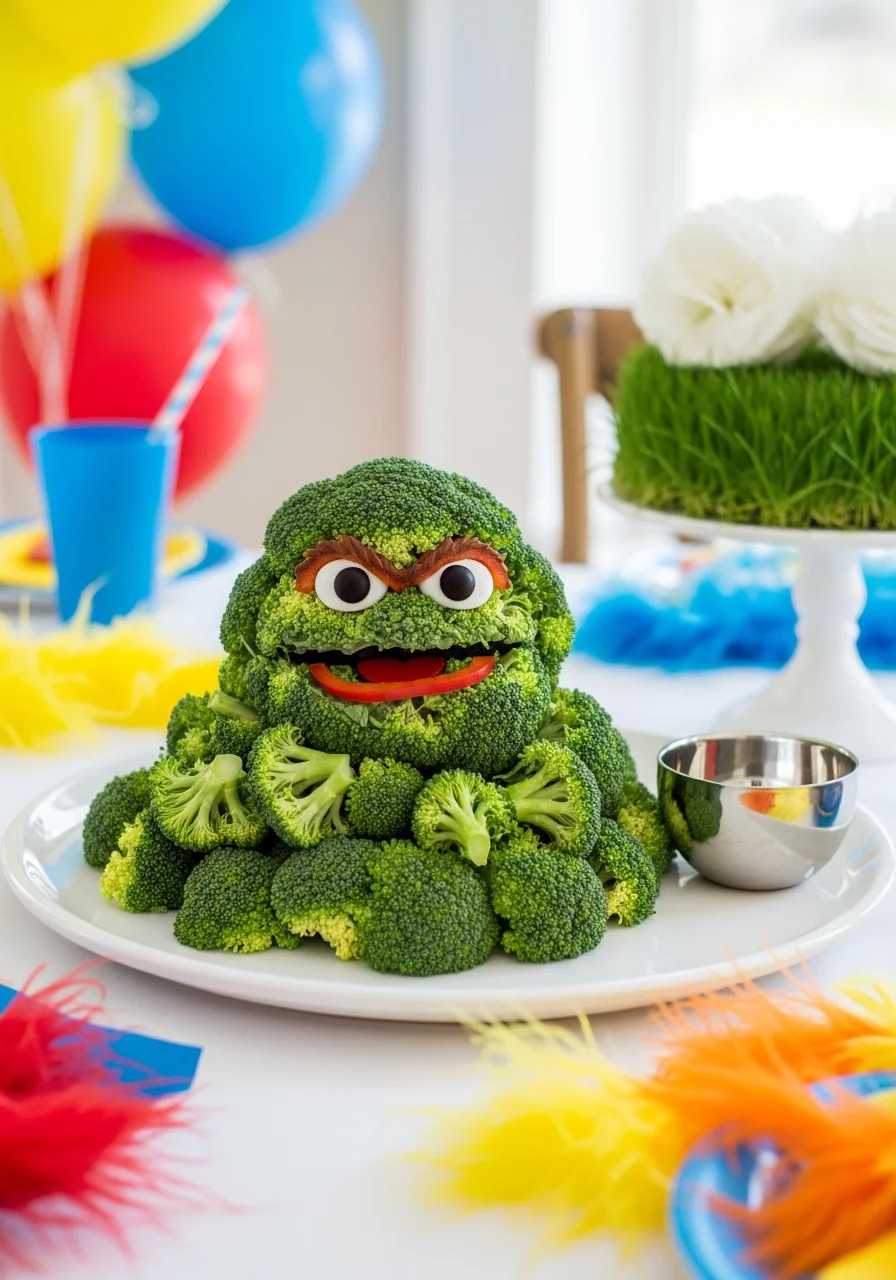 A vegetable platter shaped like Oscar the Grouch using broccoli and olives.
