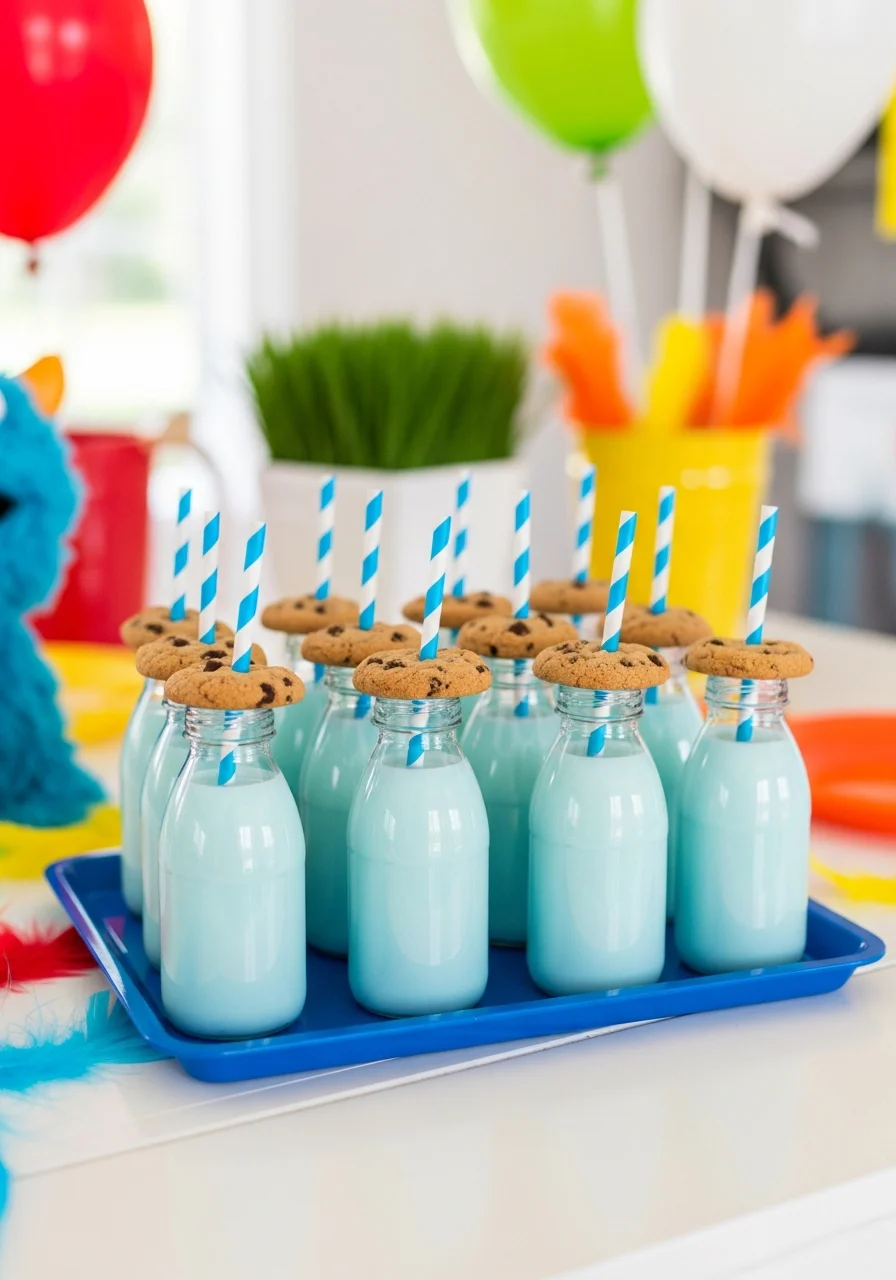Miniature milk bottles with blue milk and chocolate chip cookies.
