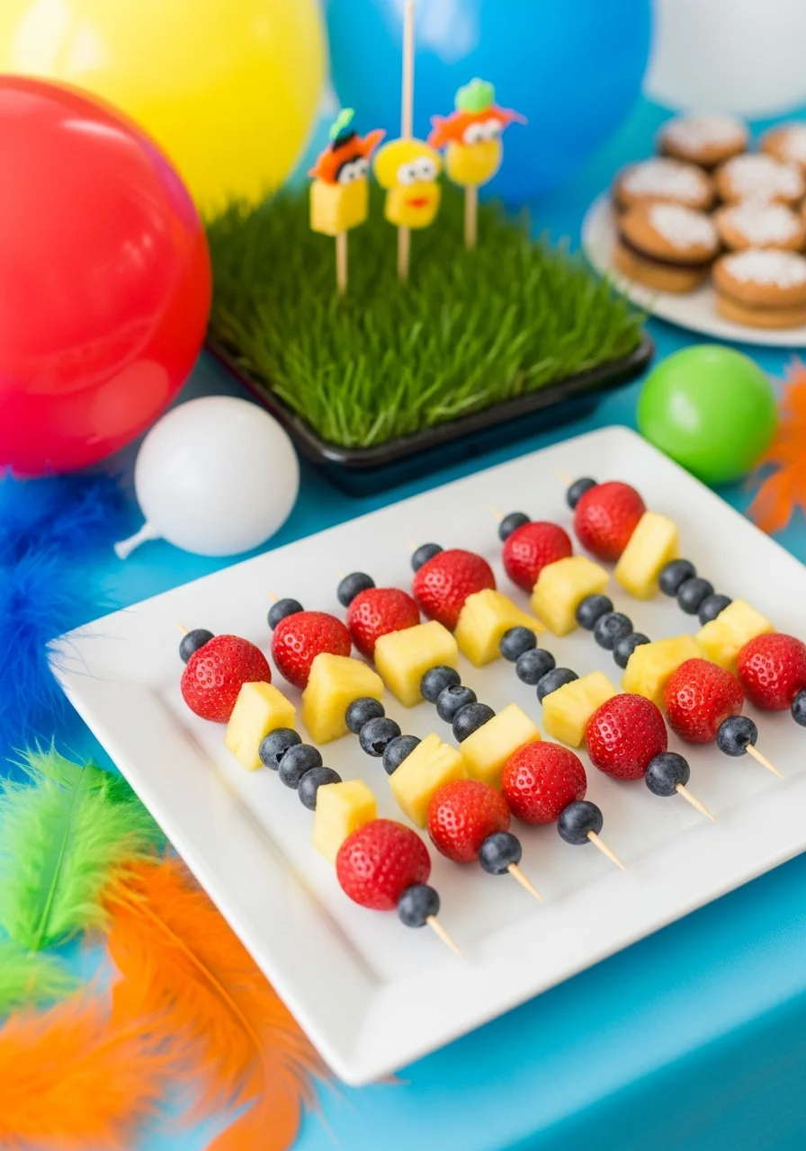 Colorful fruit skewers with strawberries, pineapple, and blueberries on a white plate.