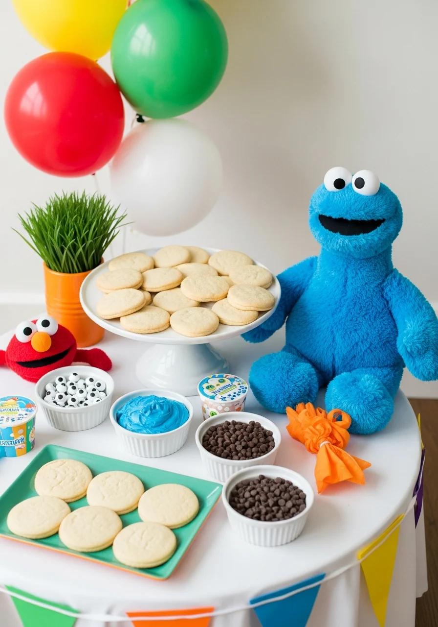 A cookie decorating station for toddlers with blue frosting and googly eyes.