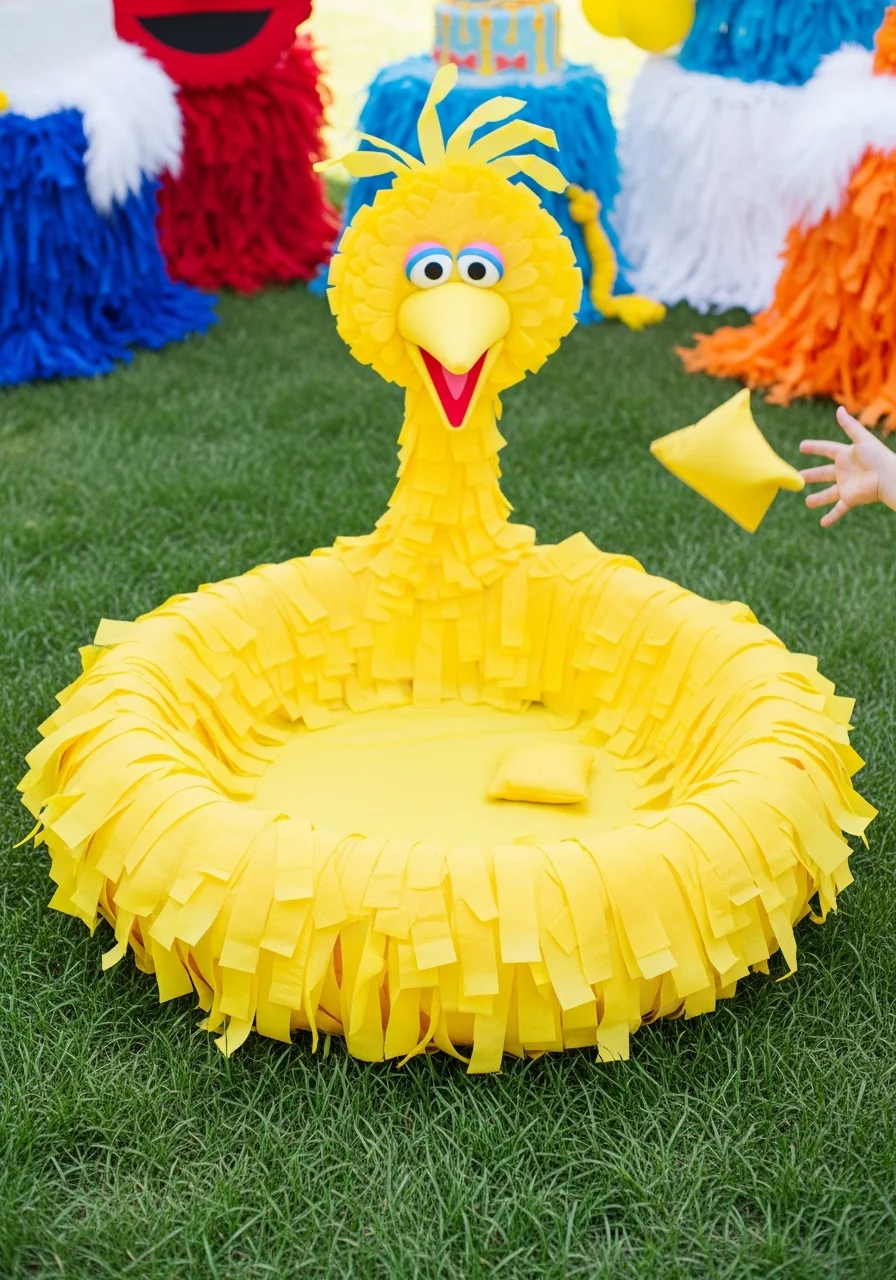 A DIY nest toss game made with a hula hoop and yellow beanbags.