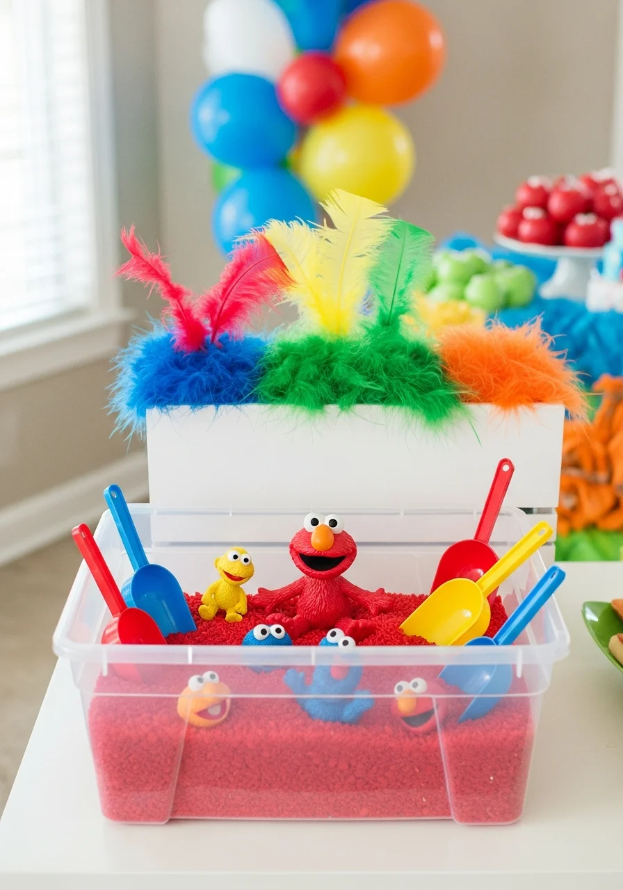 A red sensory bin filled with rice and small character toys for toddlers.