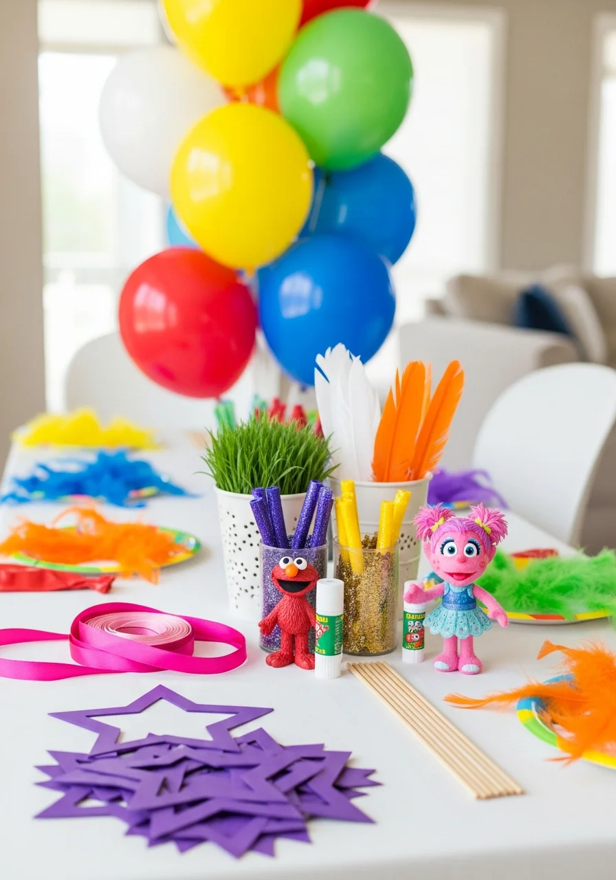A craft station for making purple and pink fairy wands.