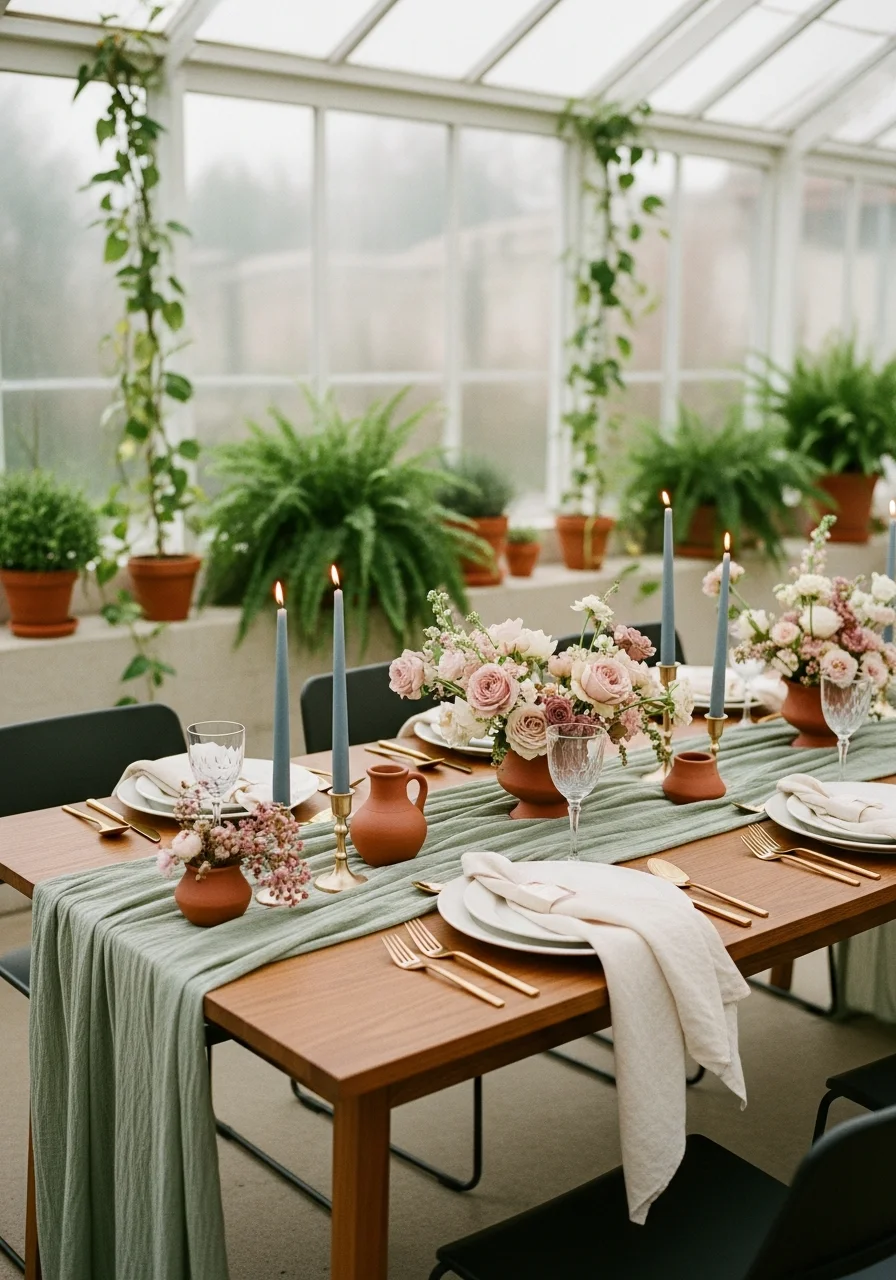 A long wooden dining table set inside a glass greenhouse surrounded by lush green plants.