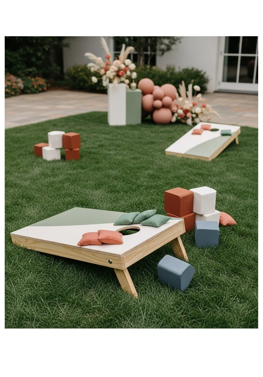 Wooden cornhole boards with a cream and sage green design on a green lawn.