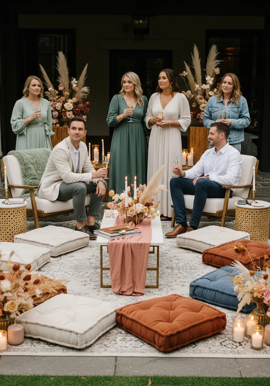 A circle of chairs and cushions in a candlelit room with people holding champagne.