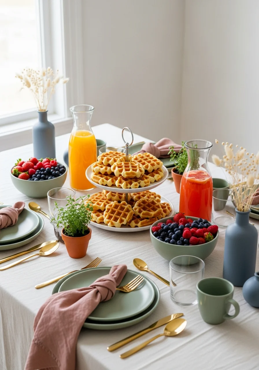 A bright brunch table with waffles, fresh fruit, and juice carafes.