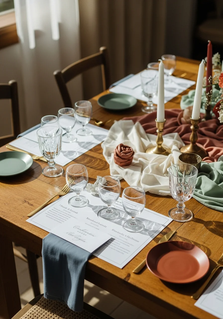 Four wine glasses on a tasting mat with printed notes on a wooden table.