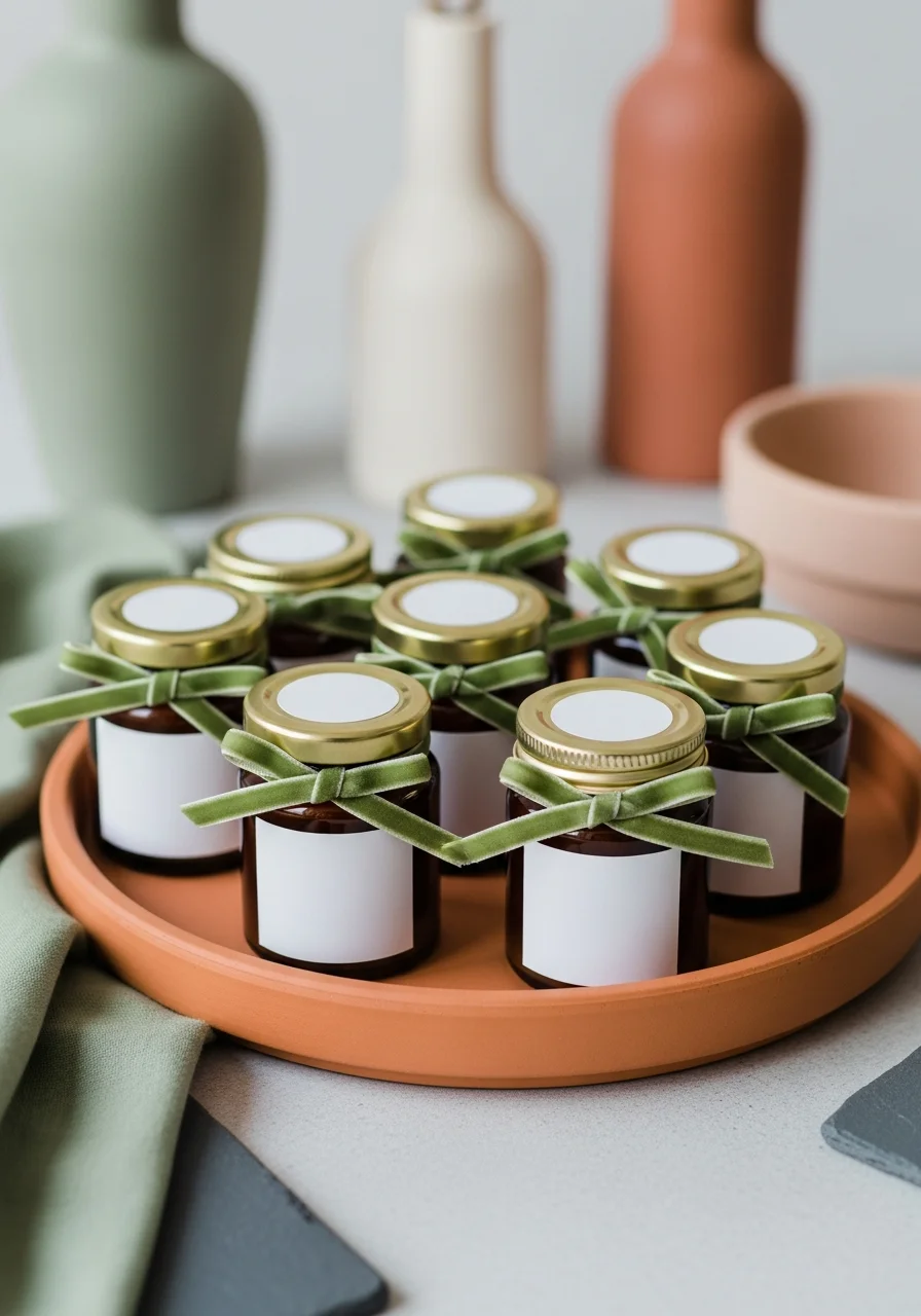 Small amber candle jars with white labels and green ribbons on a tray.