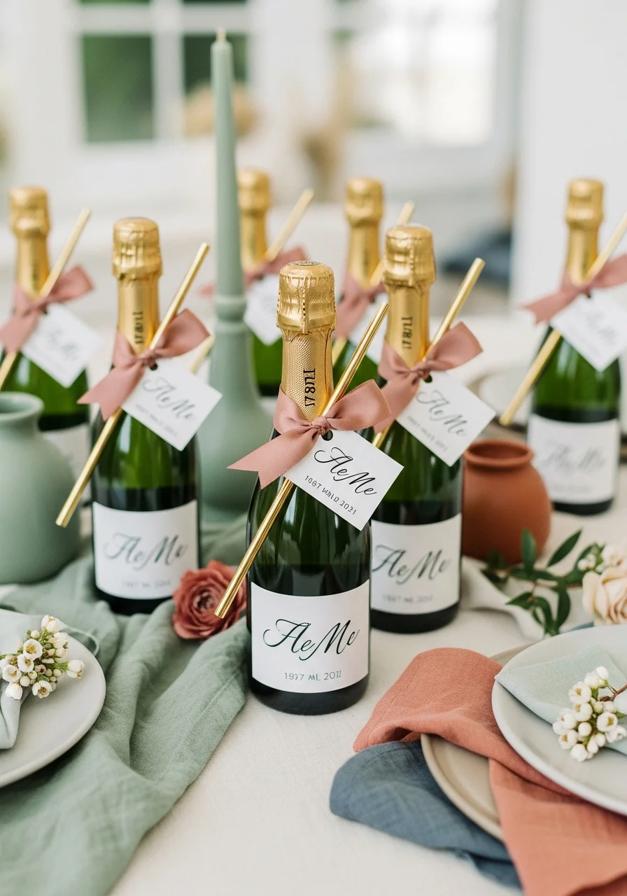 Small champagne bottles with custom labels and pink ribbons.