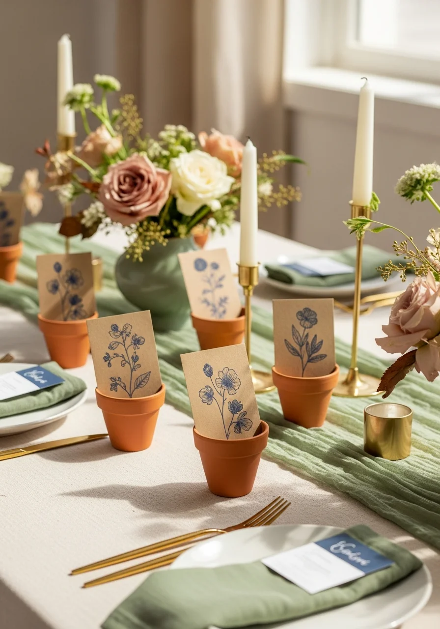 Tiny terracotta pots with small seed packets inside.