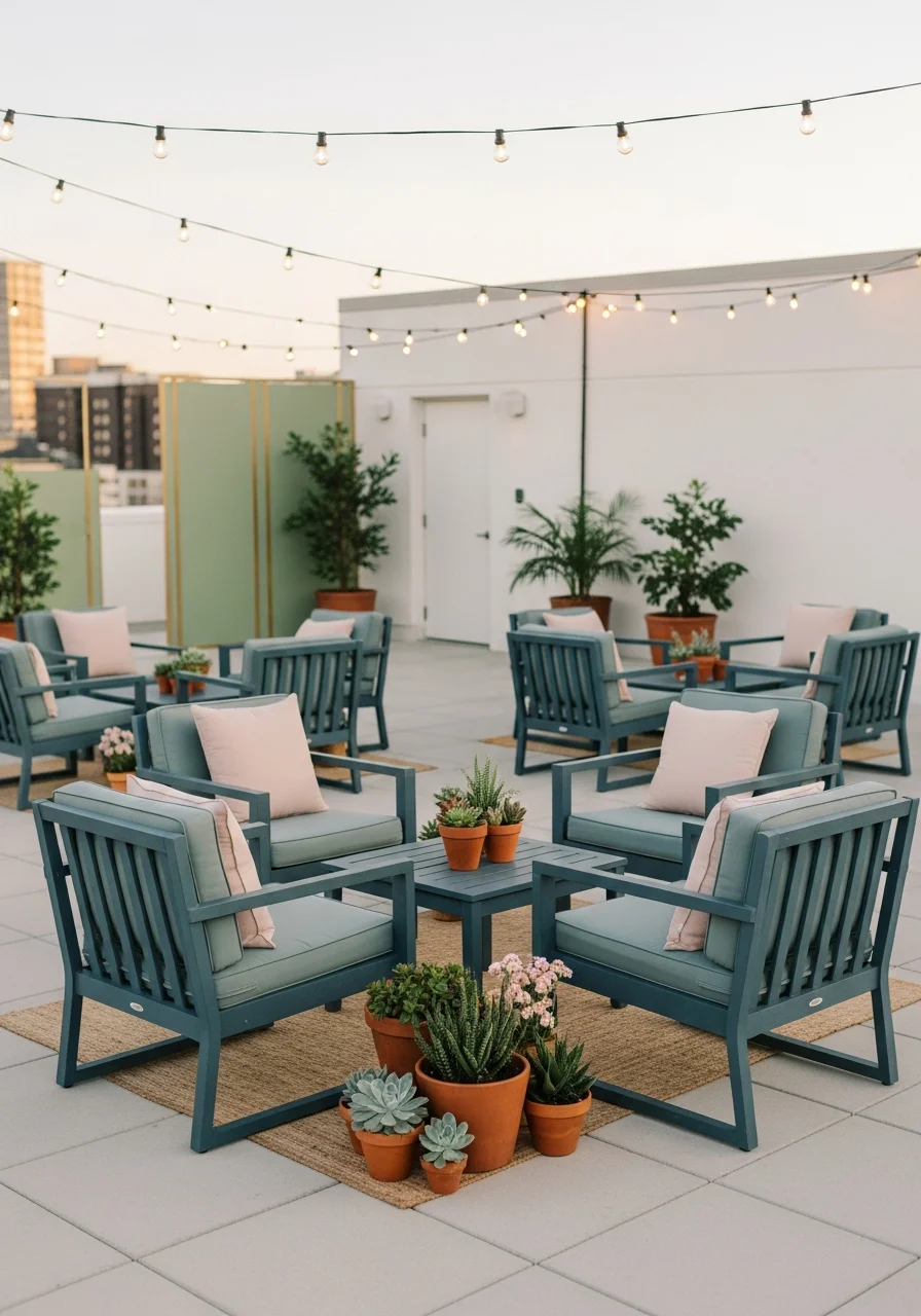 A modern rooftop terrace at sunset with string lights and blue furniture.