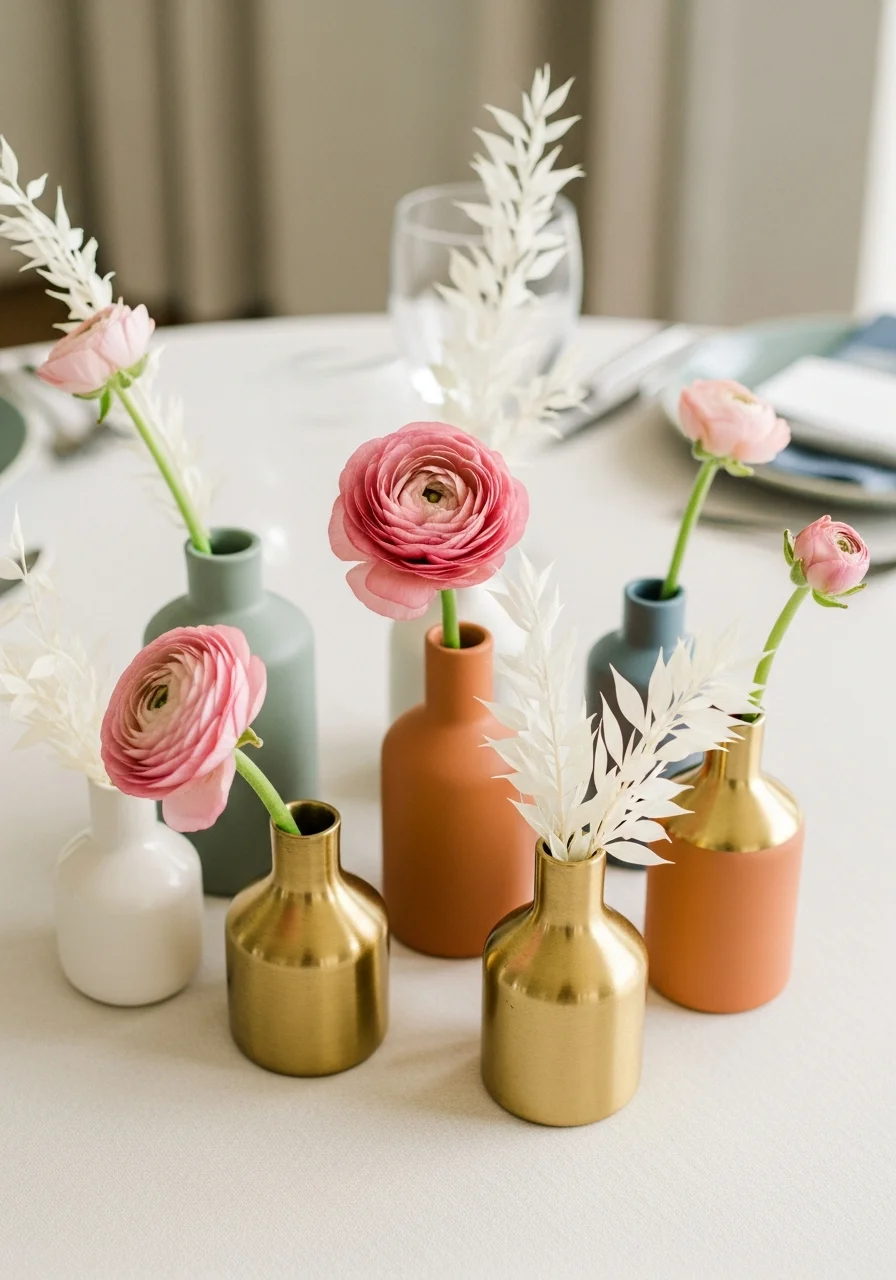 Small terracotta and gold vases with single flowers on a cream tablecloth.