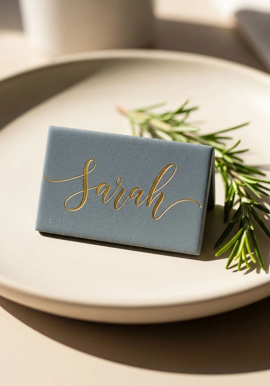 A blue stone tile with a name written in gold ink resting on a ceramic plate.