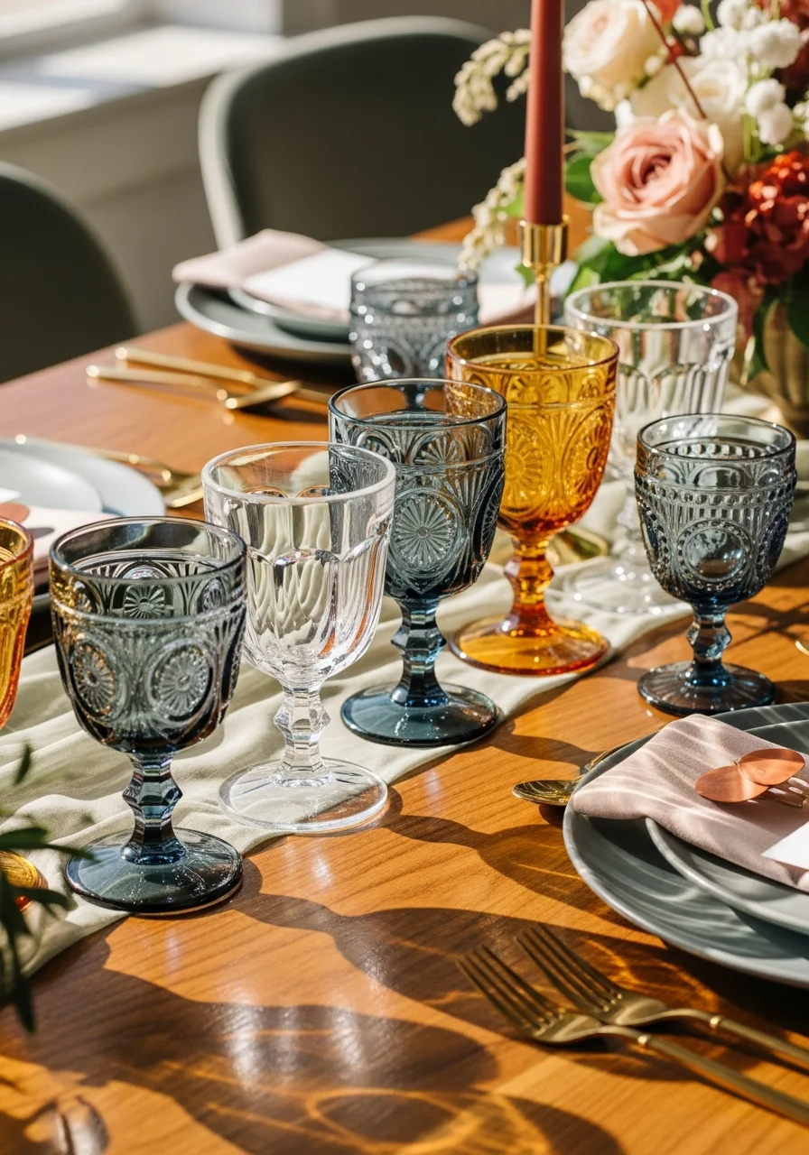 A collection of colorful vintage glass goblets on a wooden table in the sun.