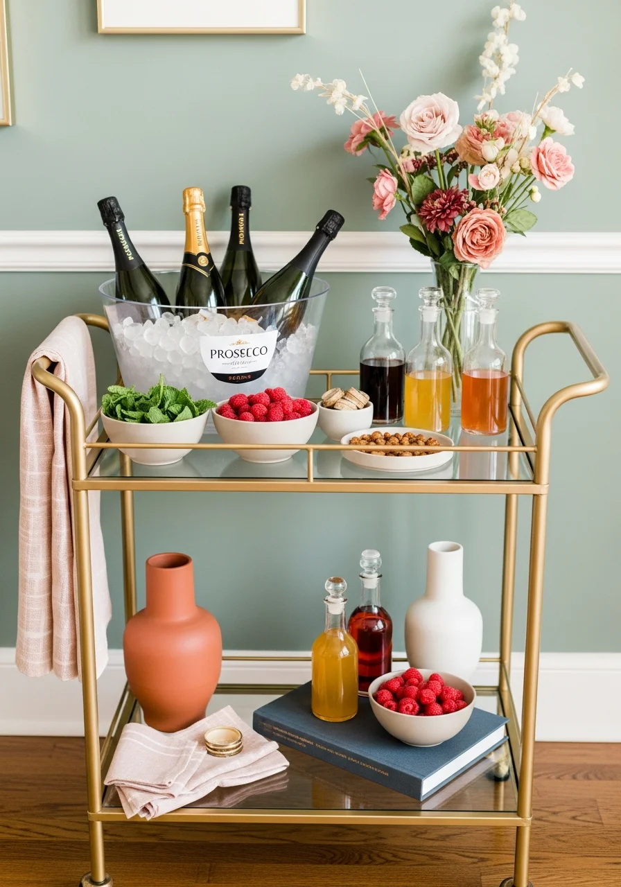 A gold bar cart with champagne bottles and bowls of fresh fruit garnishes.