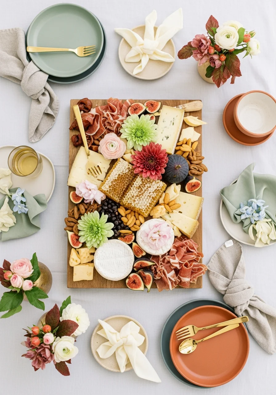 An overhead view of a large wooden board filled with cheese, fruit, and meat.