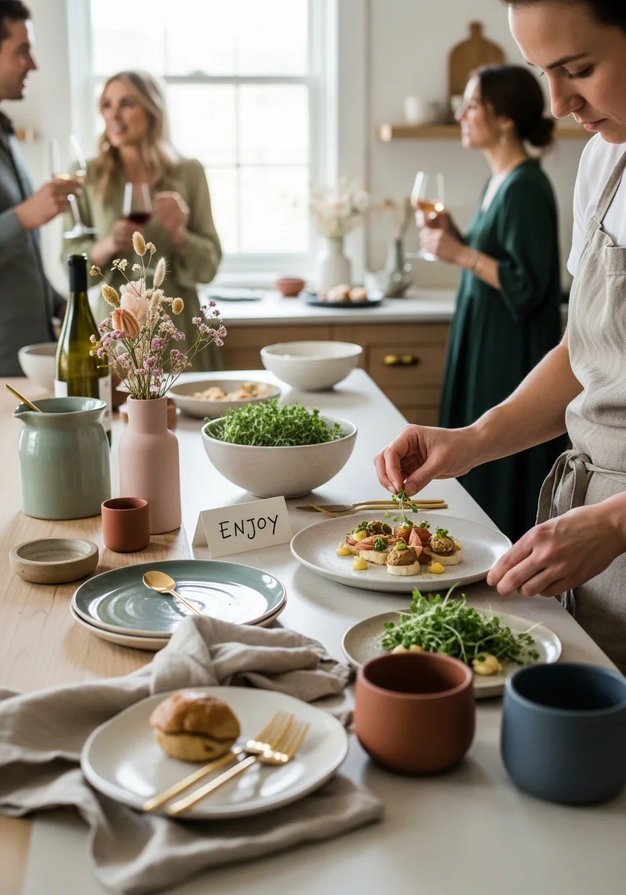 A chef plating small gourmet appetizers on a kitchen island with guests in the background.