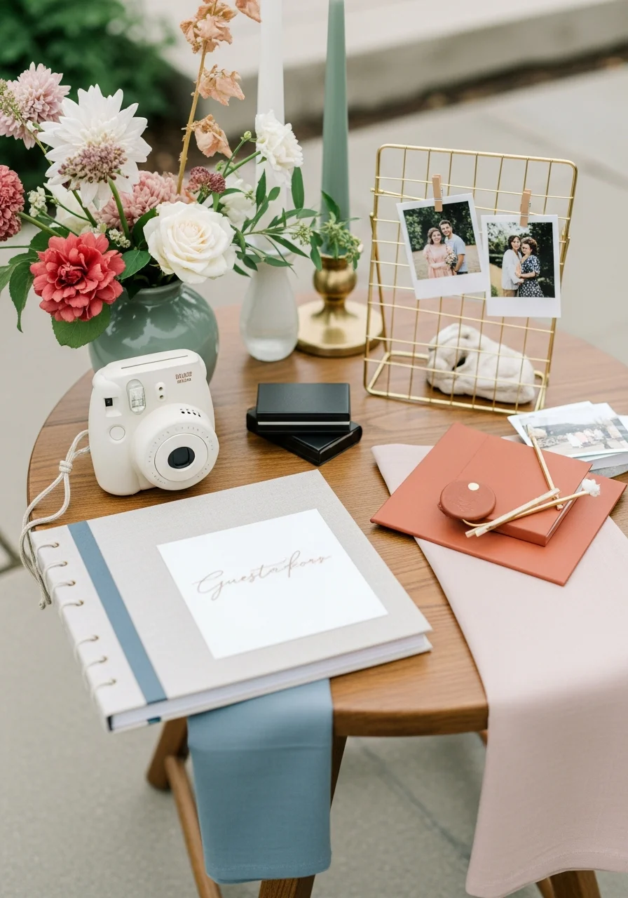 An instant camera and a guestbook on a table with small photos clipped to a frame.