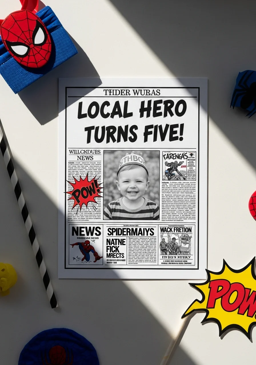 A newspaper-style birthday invitation with a child's photo and a bold headline.