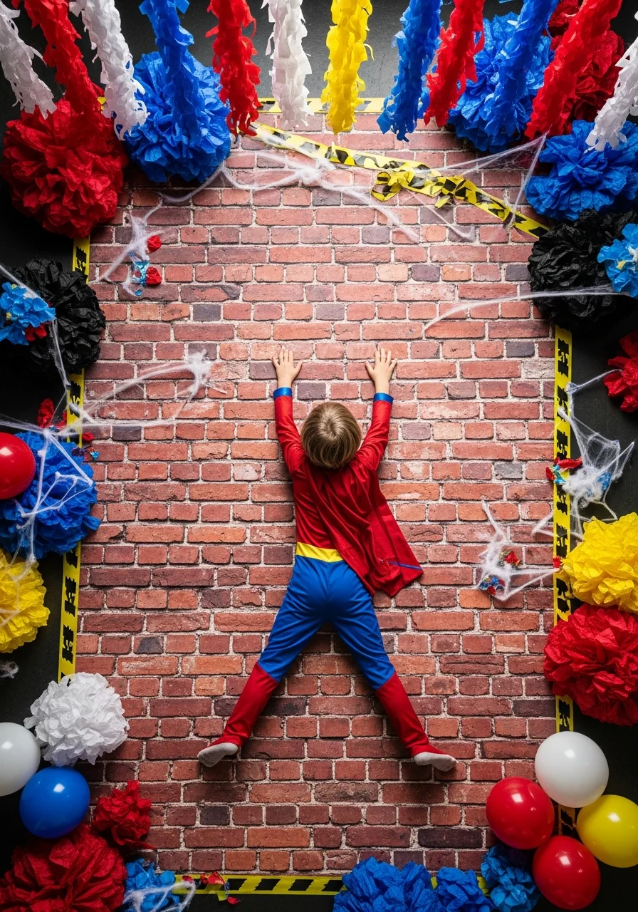 A high-angle photo of a child lying on a brick floor to look like they are climbing.