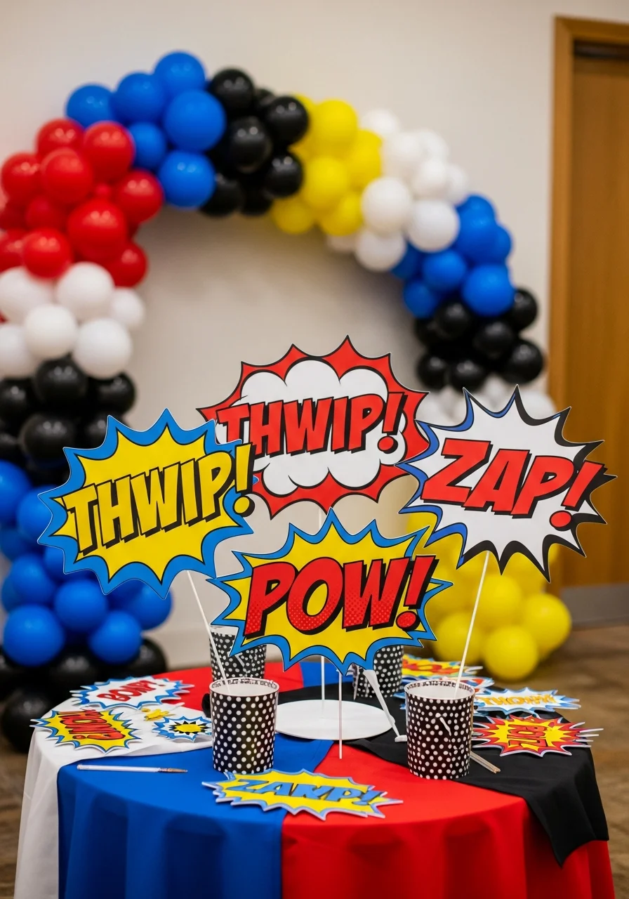 Handheld comic book sound effect signs on sticks.