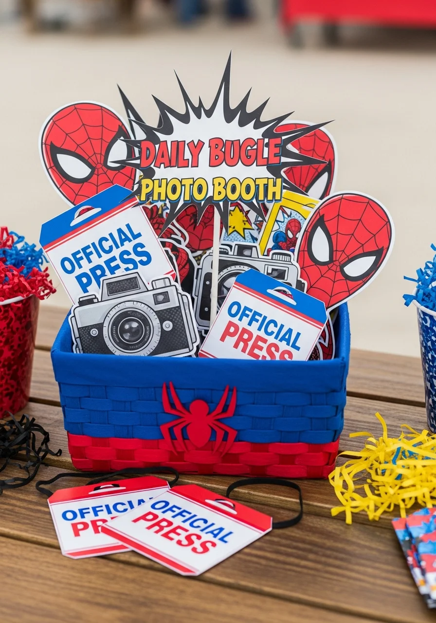 A basket filled with toy cameras and press badge lanyards.