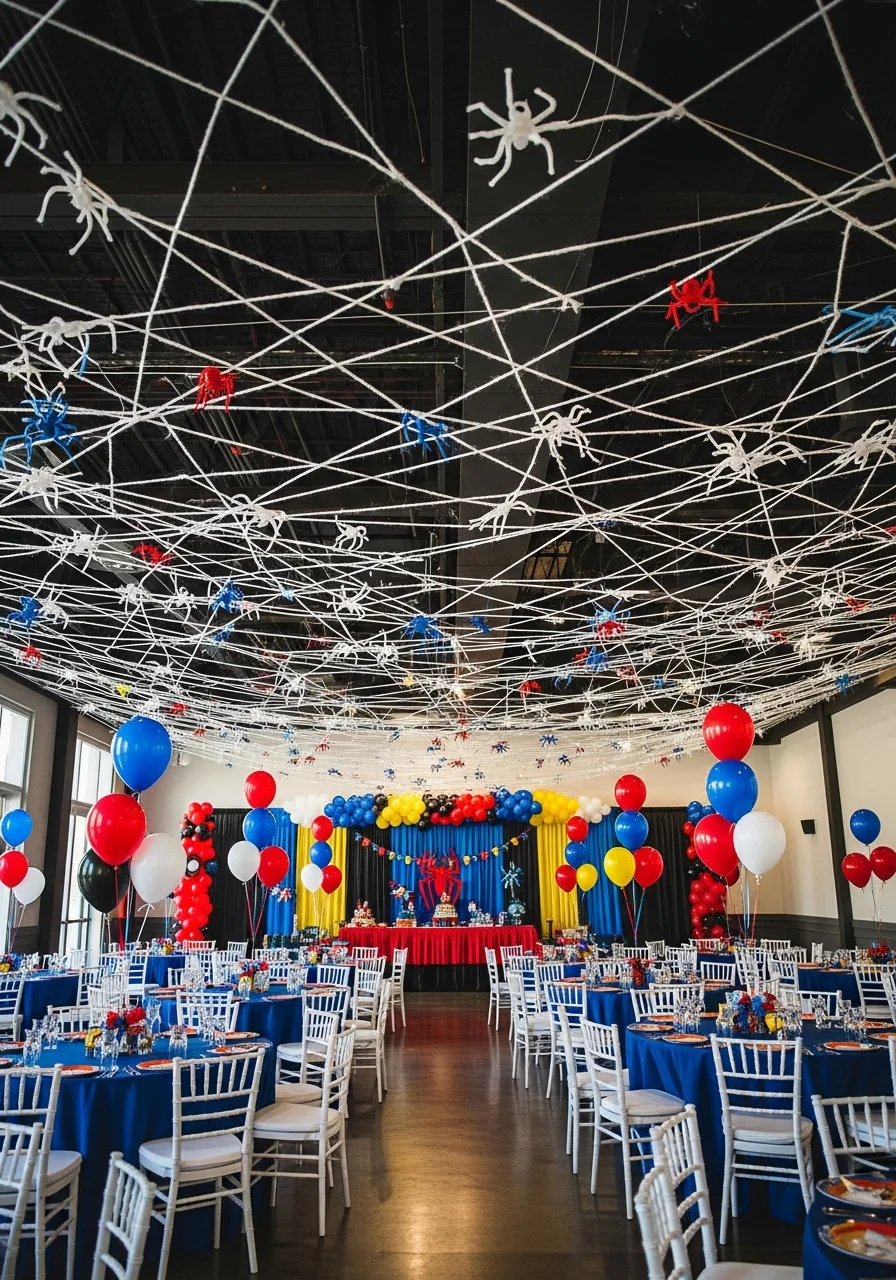 A room with a white yarn web across the ceiling and toy spiders.