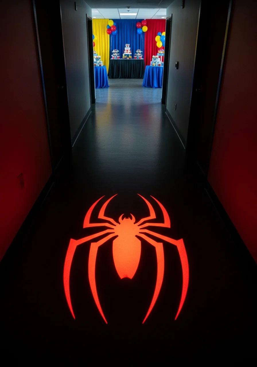 A red spider logo projected onto a floor in a dark hallway.
