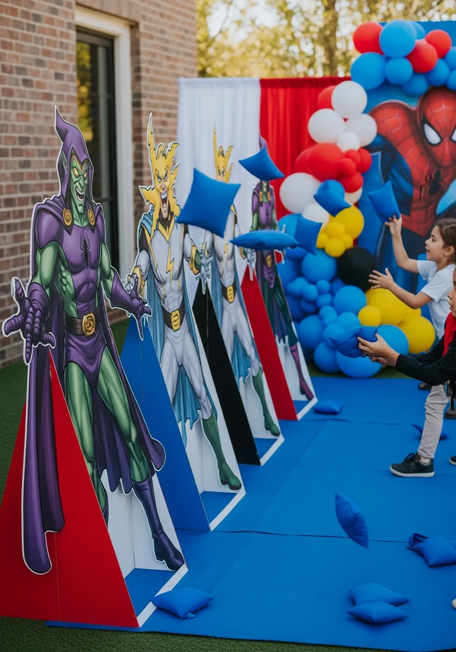 Children throwing blue bean bags at cardboard villain cutouts.