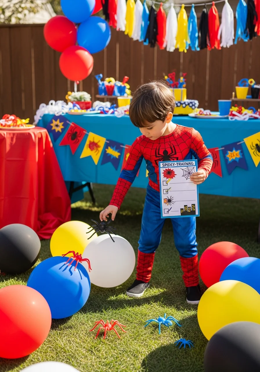 A child using a comic-themed checklist to find plastic spiders in a yard.