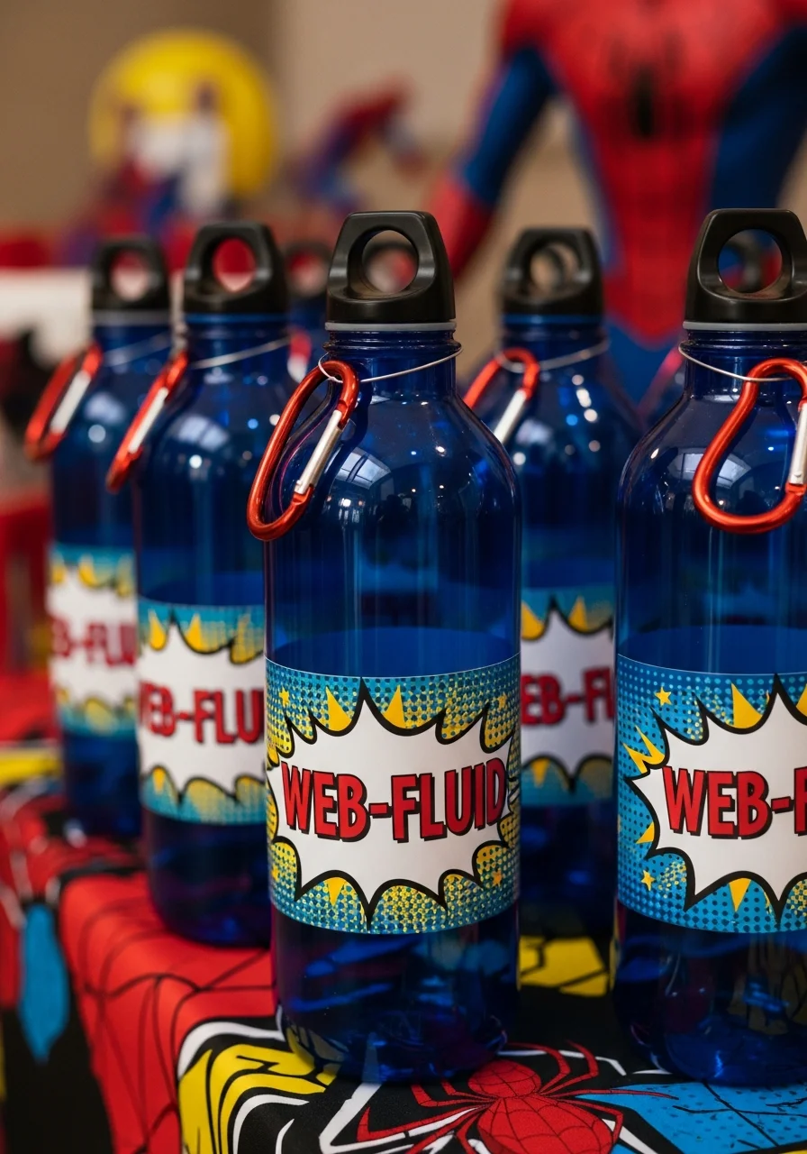 Blue water bottles with 'Web-Fluid' labels and red clips.