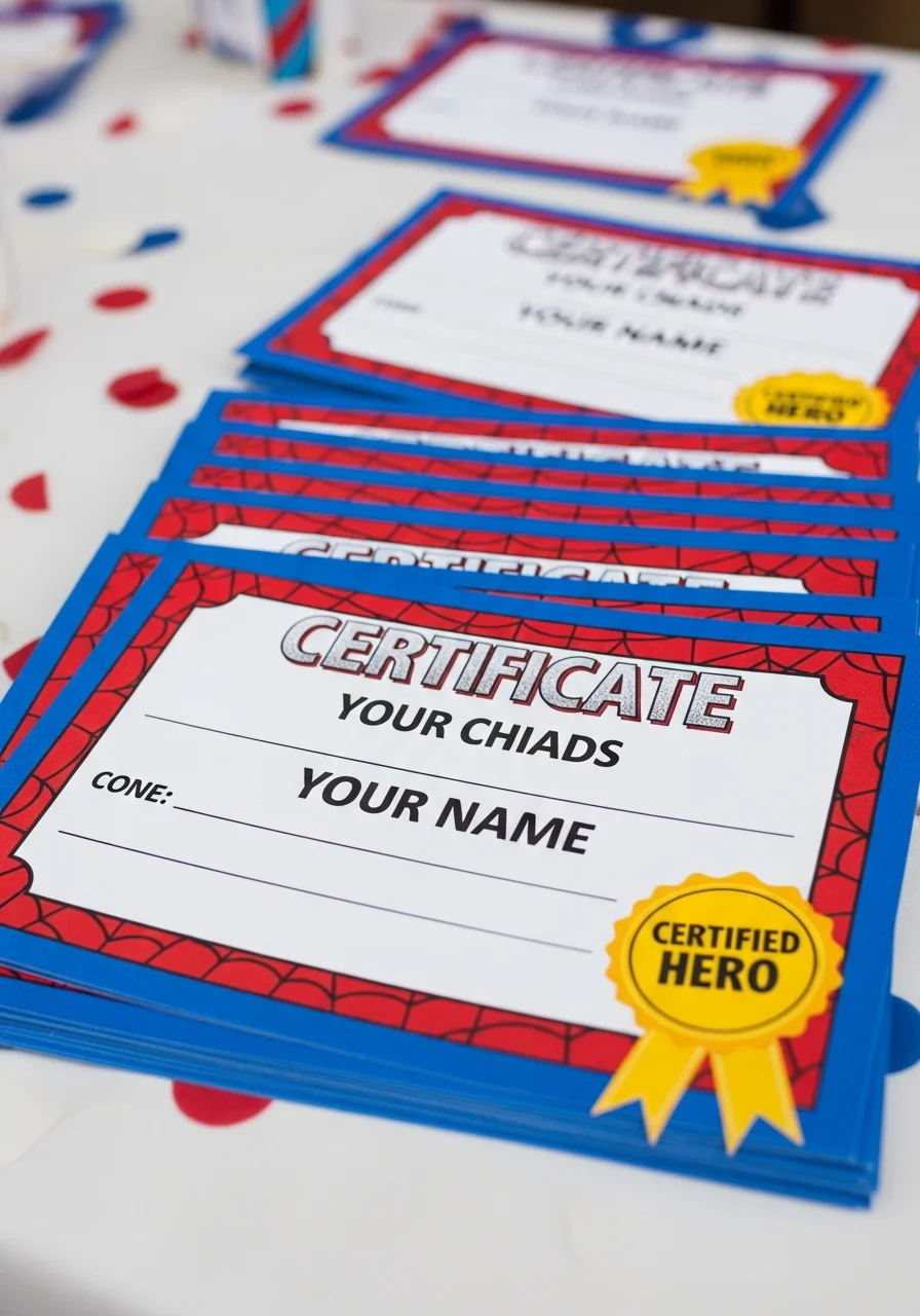 A stack of 'Certified Hero' certificates with a themed border.