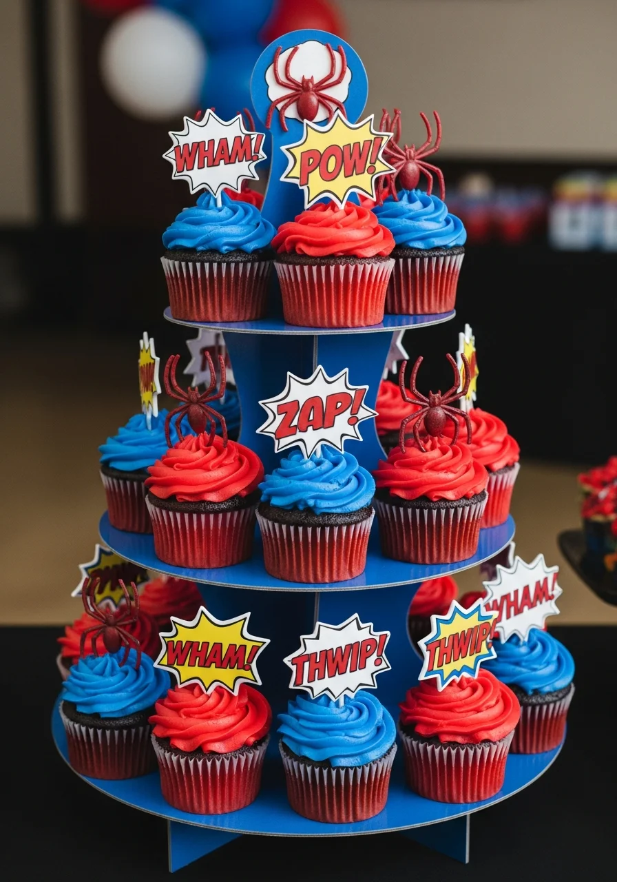 A tiered stand of red and blue cupcakes with spider rings and comic word toppers.