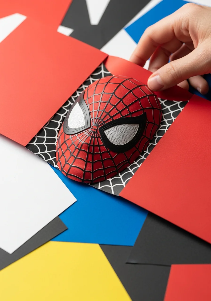 An open red card showing a 3D pop-up Spiderman mask with black webbing.