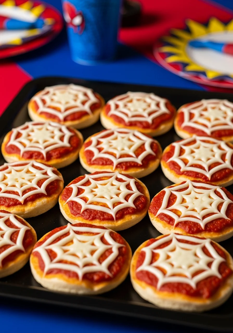 Mini pizzas with white cheese melted into a web design on red sauce.
