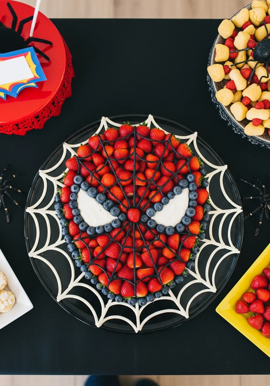 A fruit platter shaped like a Spiderman mask using strawberries and blueberries.