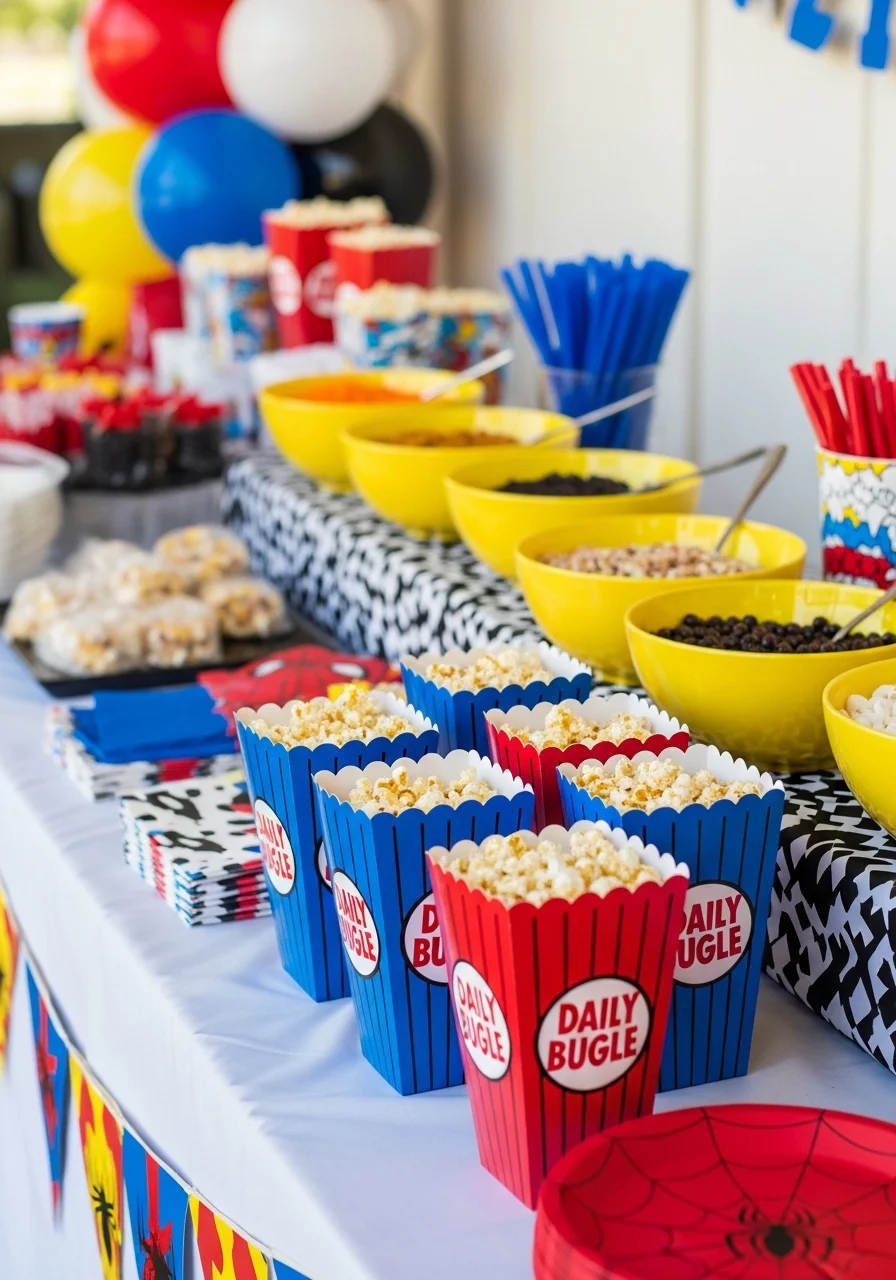 A popcorn station with red and blue boxes and yellow bowls of toppings.