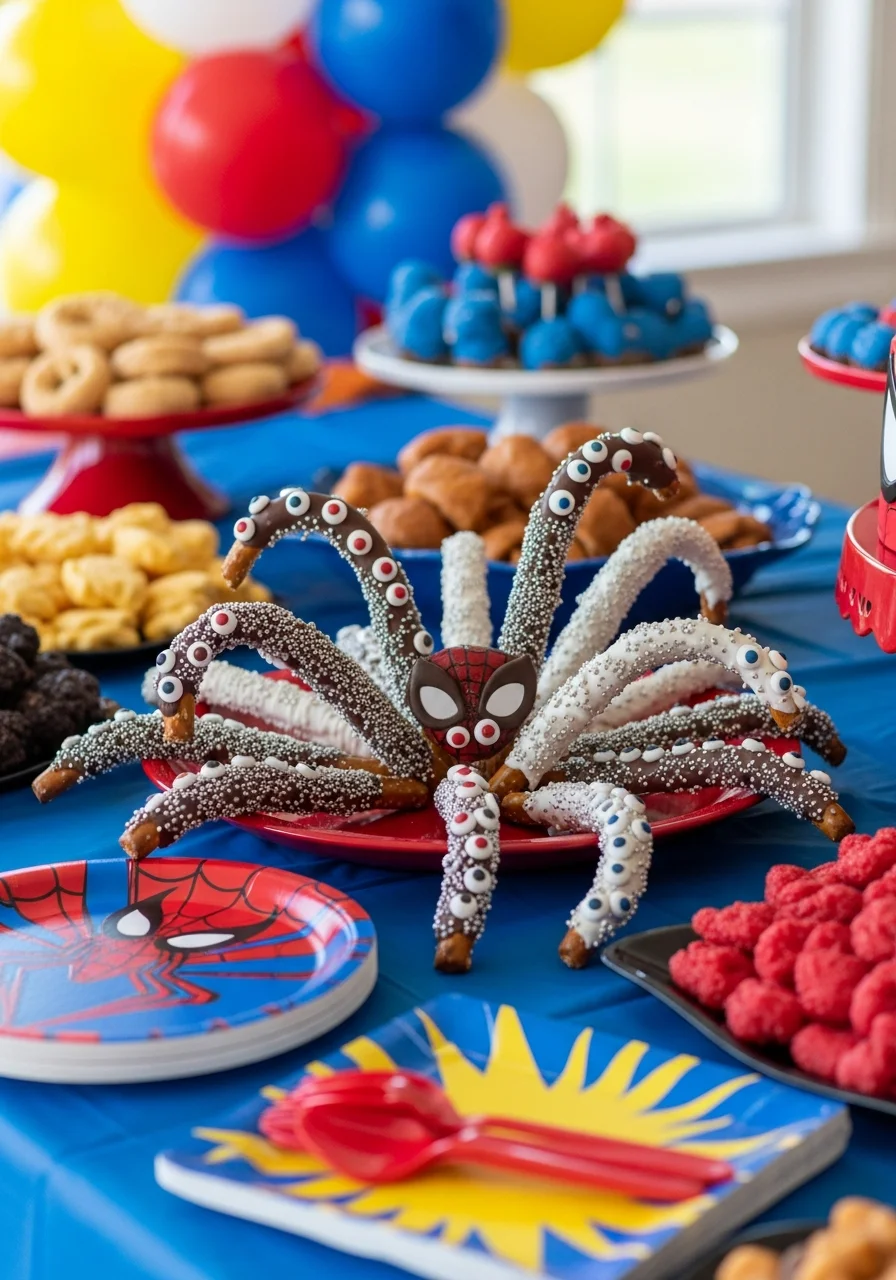 Chocolate-covered pretzel rods with silver sprinkles and candy eyes.